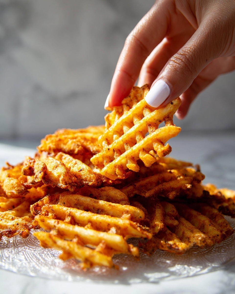 A woman's hand with light skin and white nail polish is picking up a golden-brown waffle fry from a pile of crispy, seasoned waffle fries. The fries have a textured, lattice-like pattern with some darker, crunchy edges showing. They are spread out in an uneven layer on a clear textured surface which is placed on a white marbled background. The lighting highlights the crispy texture and seasoning on the fries. Photo taken with an iphone --ar 4:5 --v 7