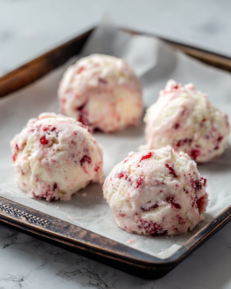 This image shows four small, round dollops of a pinkish-white mixture with visible red pieces inside, placed on a baking tray lined with white parchment paper. Each dollop looks irregular with soft, creamy texture and has bits of red fruit mixed in, giving it a spotted look. The tray is dark-colored with a slightly patterned edge, and the background is a white marbled texture. photo taken with an iphone --ar 4:5 --v 7