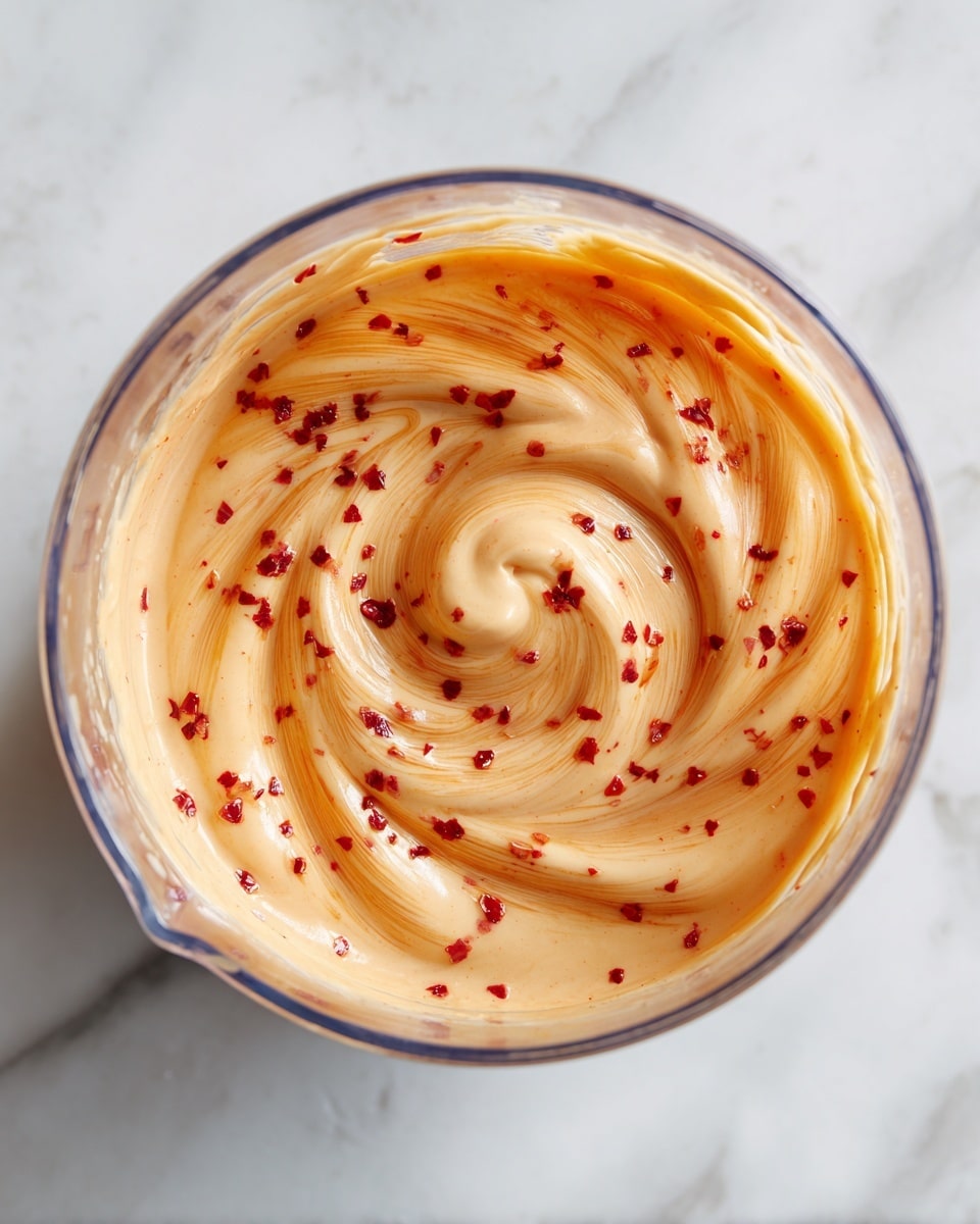 A top view of a clear blender bowl filled with a smooth, thick sauce that has two layers: a pale creamy base and an orange layer on top with small red specks evenly spread through it. The sauce has a soft, swirled texture with visible blending marks, and the blender bowl is set on a white marbled surface. photo taken with an iphone --ar 4:5 --v 7