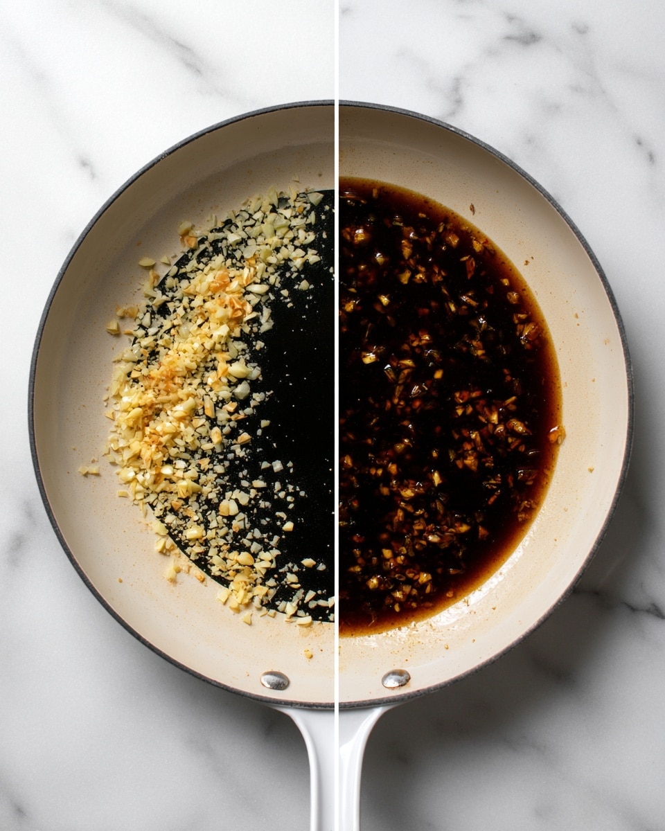 Two side-by-side images show the inside of a white cast iron skillet on a white marbled surface. On the left, the skillet holds a single layer of finely chopped garlic spread across the black cooking surface. On the right, the skillet contains a dark brown liquid sauce with small bits of garlic evenly mixed and covering the cooking surface in a thick layer. The skillet's shiny black interior contrasts with the white exterior and handle. photo taken with an iphone --ar 4:5 --v 7