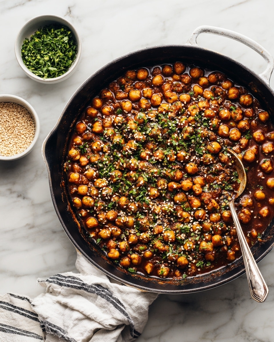 A white cast iron pan filled with small, round light brown chickpeas cooked in a dark brown sauce, sprinkled with bits of green herbs and white sesame seeds on top; a silver spoon rests inside the pan at the bottom right, and next to the pan are two small white bowls, one with green chopped herbs and the other with sesame seeds, all set on a white marbled surface with a white and black striped cloth partially under the pan; photo taken with an iphone --ar 4:5 --v 7