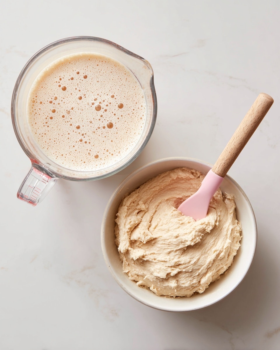 The image shows two photos side by side on a white marbled surface. On the left, there is a clear glass measuring cup with light beige frothy liquid inside, with small bubbles on the surface. On the right, there is a white bowl containing a thick creamy dough with a slightly rough texture, and a pink silicone spatula with a wooden handle resting inside the bowl. The dough looks soft and sticky, covering the bottom part of the bowl. photo taken with an iphone --ar 4:5 --v 7