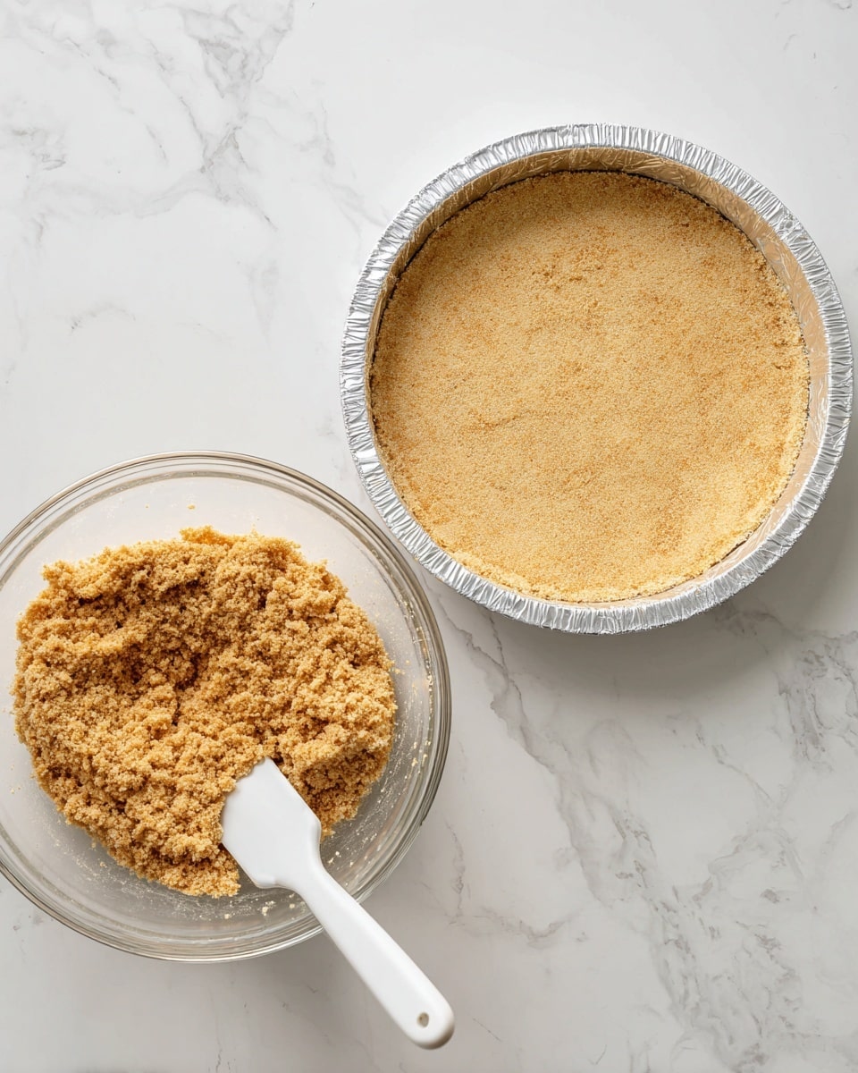 The image shows two side-by-side scenes on a white marbled surface. On the left, there is a clear glass bowl filled with a light brown crumbly mixture, and a white spatula resting inside, partially covered with the mixture. On the right, there is a round white baking pan lined with aluminum foil and filled with the same light brown crumbly mixture pressed flat and forming a smooth even crust layer over the pan's entire surface. Photo taken with an iphone --ar 4:5 --v 7