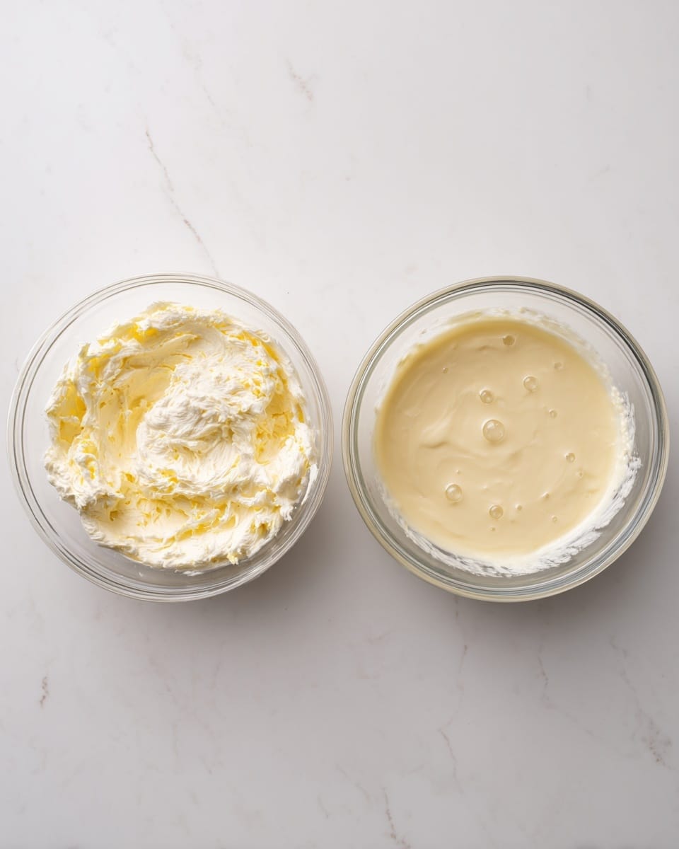 Two clear glass bowls sit side by side on a white marbled surface. The left bowl shows a thick, creamy mixture with a fluffy texture, off-white in color with small yellow patches spread unevenly. The right bowl contains a smooth batter that is pale yellow and slightly shiny, with a few small bubbles on the surface. Both bowls have a similar size and shape, and the light source is soft, highlighting the textures inside the bowls. photo taken with an iphone --ar 4:5 --v 7