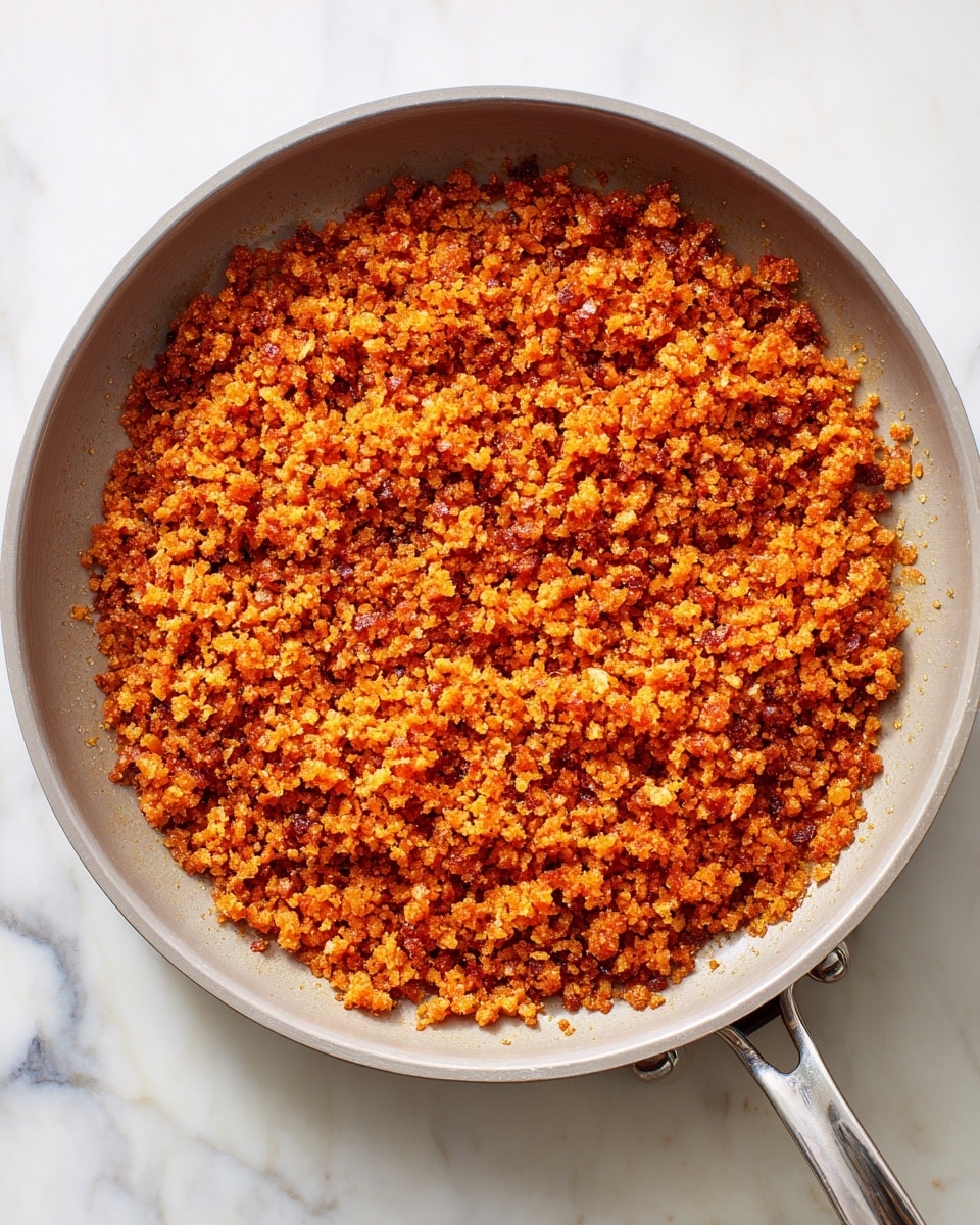 A pan filled with finely chopped, cooked pieces of textured food in a rich orange-brown color, evenly spread out in a single layer that covers the entire surface. The small bits have a slightly crumbly but moist texture, showing a mix of smooth and rough edges. The pan is a light gray color and sits on a white marbled surface with small light and dark grey veins. The scene is brightly lit, highlighting the warm and inviting tones of the food. photo taken with an iphone --ar 4:5 --v 7