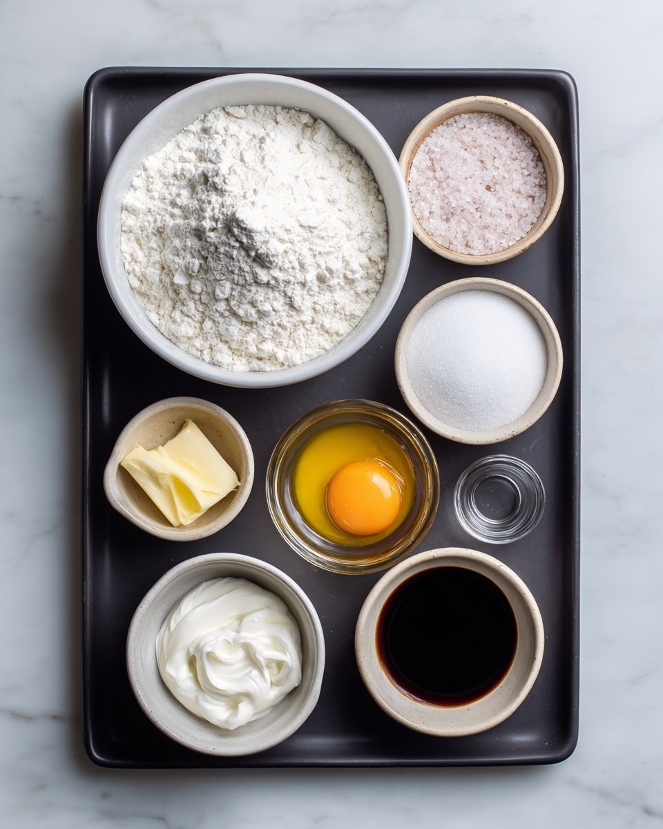A dark gray rectangular tray holds seven bowls with ingredients on a white marbled surface. The largest white bowl at the top left contains a mound of white flour. To its right, a small beige bowl has a mix of white and pink salt. Below the flour, a clear bowl shows a raw egg with a bright orange yolk in the center. Next to it, a medium clear bowl is filled with white granulated sugar. At the bottom left, a clear glass cup holds light cream. Adjacent to it, a small beige bowl contains yellow melted butter. The last clear bowl, near the butter, has a small amount of dark brown vanilla extract. Photo taken with an iphone --ar 4:5 --v 7