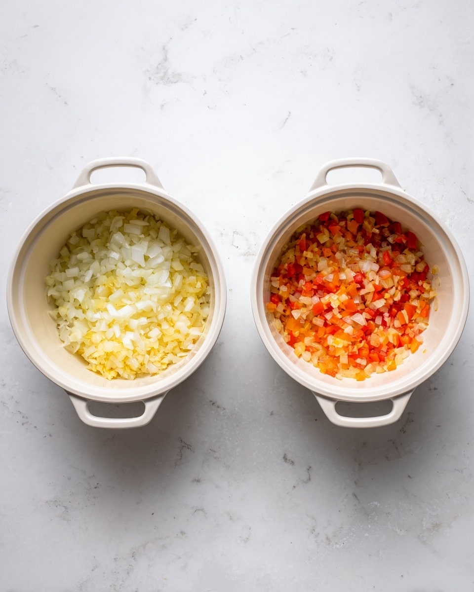 The image shows two side-by-side round white cooking pots with handles on a white marbled surface. The pot on the left contains finely chopped white onions with light yellow pieces, spread evenly in a single layer covering the bottom. The pot on the right has a layer of light orange and red diced vegetables mixed with the same white onions as the left pot, giving a more colorful and textured look. Both pots have a smooth, creamy interior and the vegetables appear fresh and slightly cooked. Photo taken with an iphone --ar 4:5 --v 7