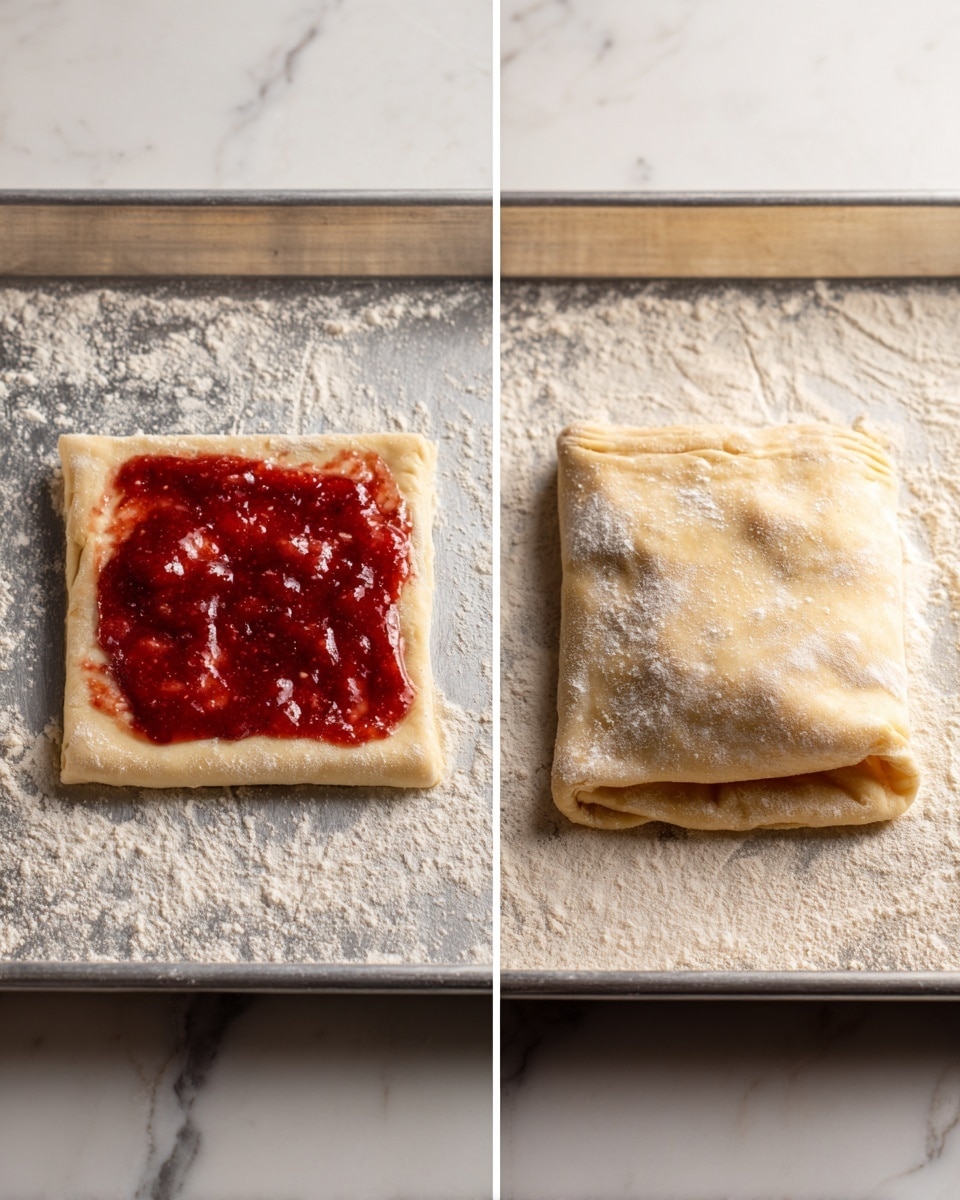 The image shows two close-up views on a white marbled surface with a silver baking tray beneath. On the left side, there is a square piece of dough with a thick, shiny red jam spread unevenly over it. The jam has a smooth, slightly glossy texture. On the right side, the same square dough is folded over the jam to create a rectangular pocket. The edges are pressed down with a fork, making a pattern all around, and the dough has a slightly yellow color with a dusting of flour on top and around the pastry. photo taken with an iphone --ar 4:5 --v 7