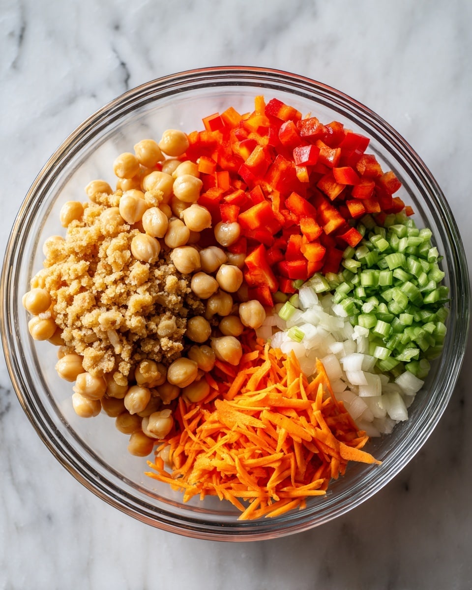 The image shows two clear glass bowls on a white marbled surface. The left bowl has one layer consisting of light beige chickpeas mixed with a crumbly tan grain, filling the bowl fully with a rough texture. The right bowl contains five distinct layers arranged in a circular pattern: bright red diced bell peppers on the top left, finely shredded orange carrot at the top right, finely chopped white onions on the right, small beige chickpeas near the center right, light green chopped celery at the bottom left, and a small section of light brown textured food near the top center. Each ingredient is neatly separated by color and texture in the bowl. photo taken with an iphone --ar 4:5 --v 7