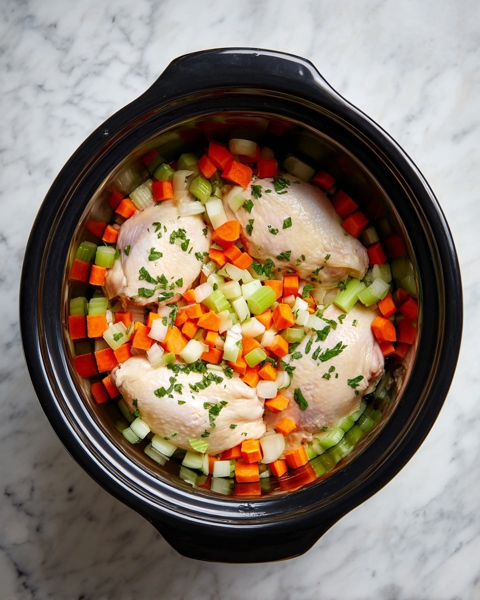 The image shows a black slow cooker with three raw chicken pieces inside, placed on a white marbled surface. Over the chicken, there is a colorful layer of diced orange carrots, light green celery, and pale white onions, spread evenly on the top, giving a mix of smooth and textured surfaces with bright, fresh colors. Photo taken with an iphone --ar 4:5 --v 7