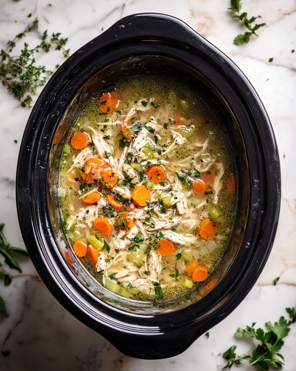 The image shows a black slow cooker filled with shredded chicken soup. Inside, there are visible layers of tender shredded chicken, chopped orange carrots, and thick slices of celery all mixed in a light, clear broth. Small bits of green herbs are scattered evenly across the surface, adding a fresh touch. The slow cooker sits on a white marbled surface with some scattered pieces of herbs around it. Photo taken with an iphone --ar 4:5 --v 7