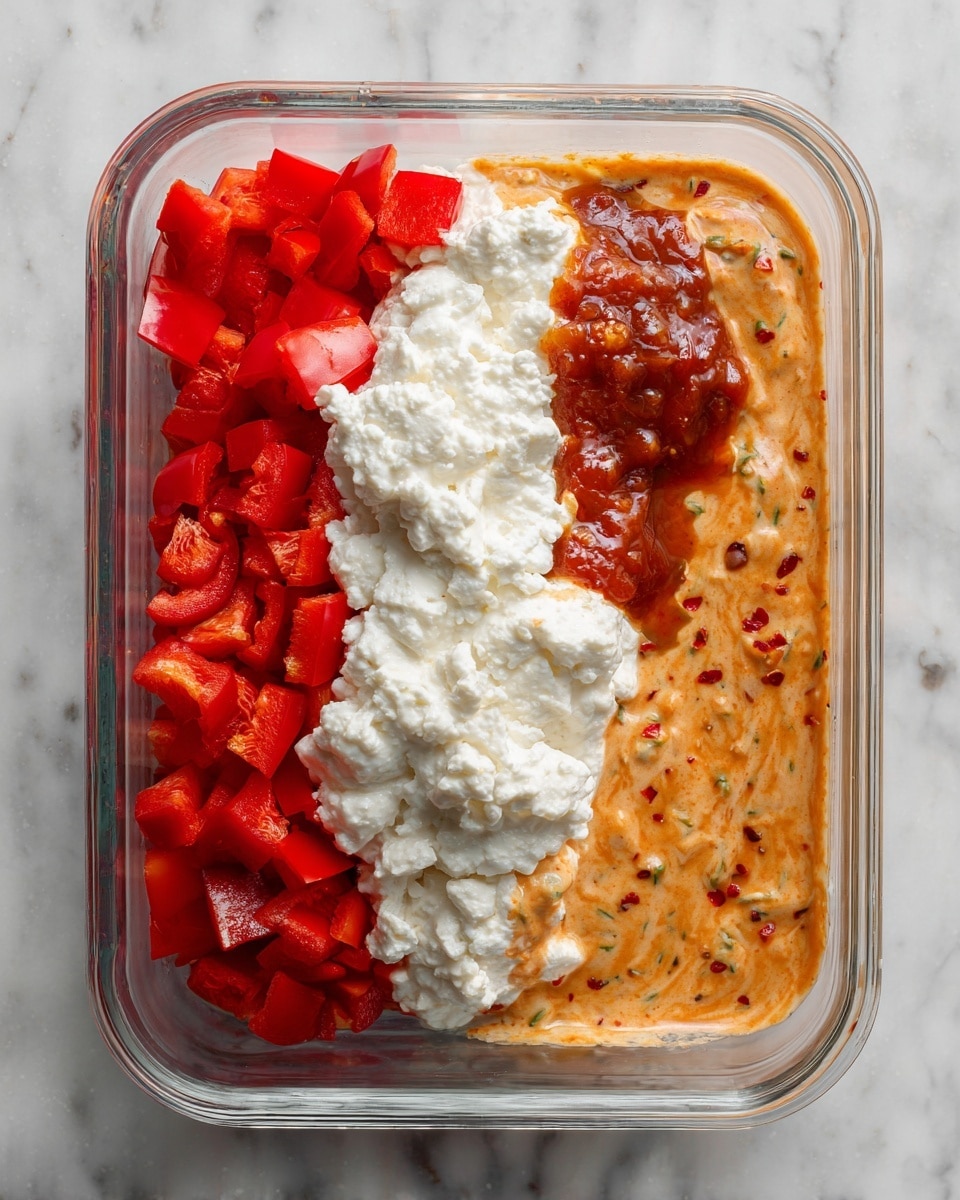The image shows a clear rectangular glass container on a white marbled surface with two stages of food preparation side by side. On the left side, chopped red bell peppers fill the bottom left corner with a bright red color and a smooth texture; above them is a large scoop of white cottage cheese with a slightly lumpy and creamy texture that covers most of the container's middle; to the top right corner is a reddish-brown barbecue sauce with a thick and shiny look, partially mixing with the cottage cheese. On the right side, the same container holds a fully mixed blend of all the ingredients, showing a uniform orange-brown creamy texture with tiny visible red pepper bits dispersed throughout, covering the entire surface with a slightly uneven, soft finish. photo taken with an iphone --ar 4:5 --v 7