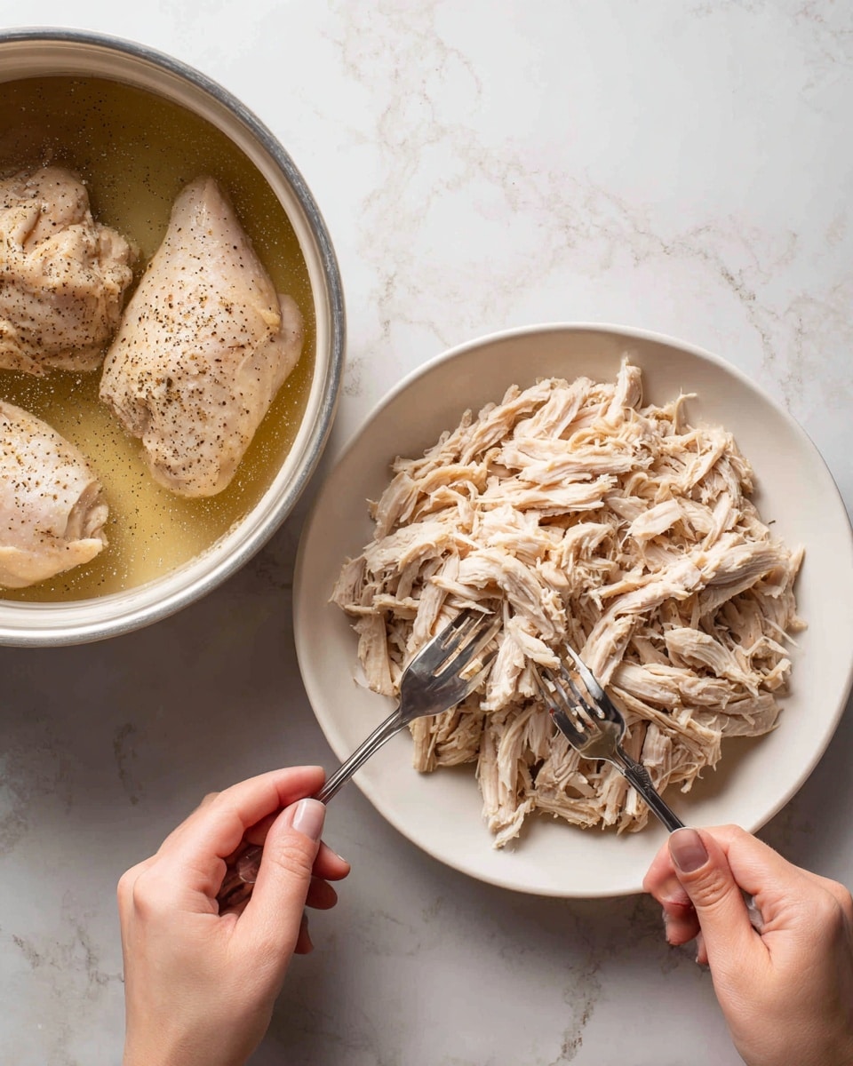 The image shows two steps of preparing chicken. On the left side, there are three whole chicken pieces in a pot with water and pepper, the water looks clear with some black pepper sprinkled on the chicken. On the right side, there is a white bowl filled with shredded chicken that is light beige in color. A woman's hands are using two forks to pull apart the cooked chicken, creating small, stringy pieces. The surface under everything is a white marbled texture. photo taken with an iphone --ar 4:5 --v 7