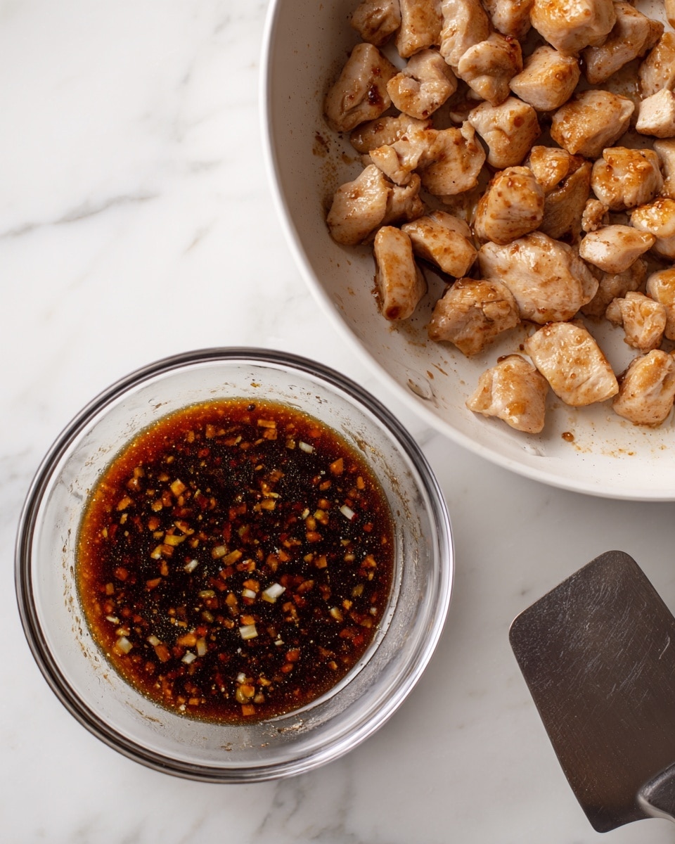 The image shows two side-by-side photos, both on a white marbled surface. On the left, there is a clear glass bowl filled with a brown sauce mixed with finely chopped white bits, possibly garlic or onion, and a silver spoon resting inside. On the right, pieces of cooked light brown meat are spread out evenly in a white pan with a slotted spatula partially visible on the bottom right side. Both pictures feature steam, indicating the food is hot. Photo taken with an iphone --ar 4:5 --v 7