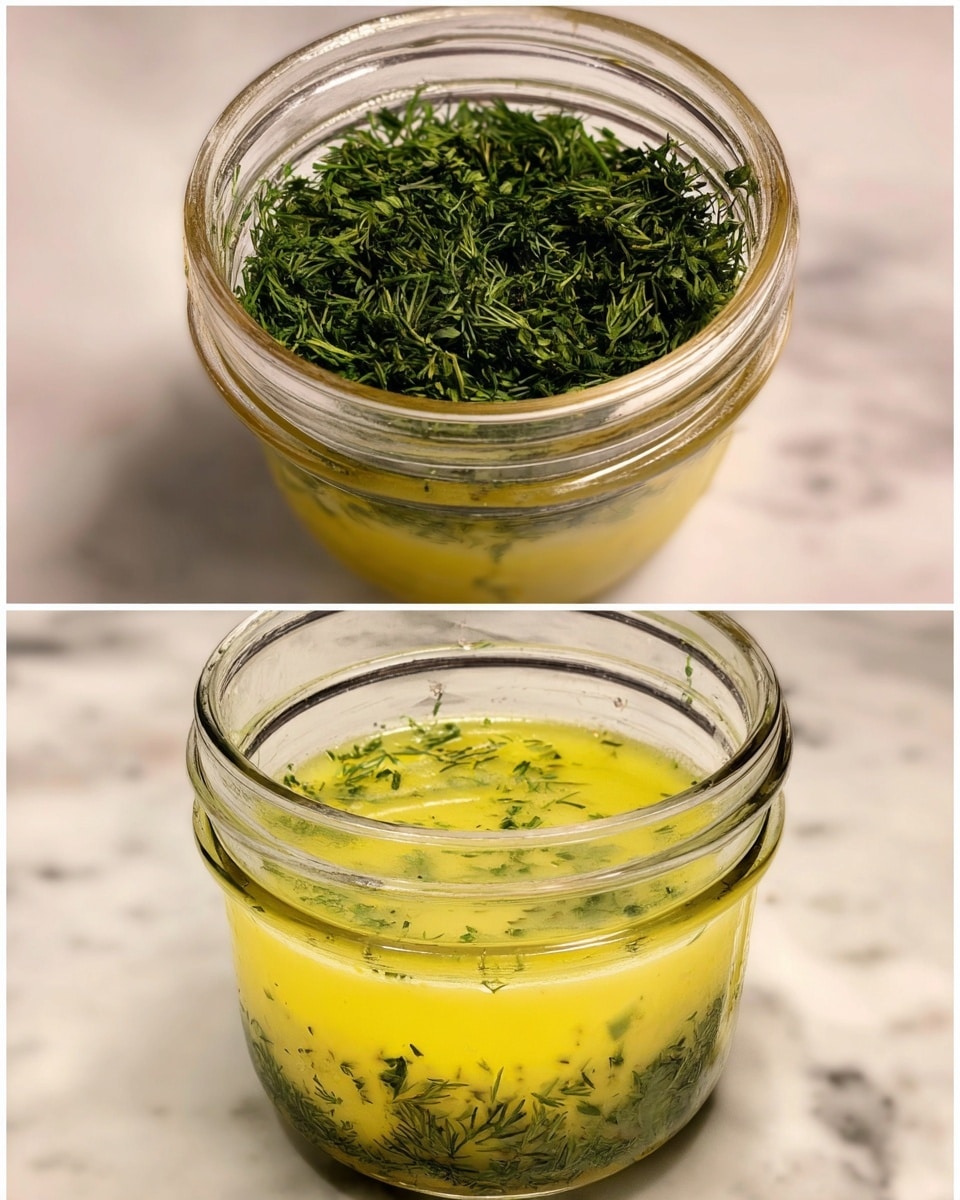 The image shows two close-up views of a glass jar filled with a mixture. In the first view, the jar is full with bright yellow liquid at the bottom and a large pile of fresh dark green dill herbs on top, creating a clear two-layer effect with the herbs mostly above the liquid. In the second view, the same jar shows a well-mixed light greenish-yellow creamy liquid with small pieces of dark green dill spread evenly throughout. Both shots display the jar placed on a white marbled surface. photo taken with an iphone --ar 4:5 --v 7