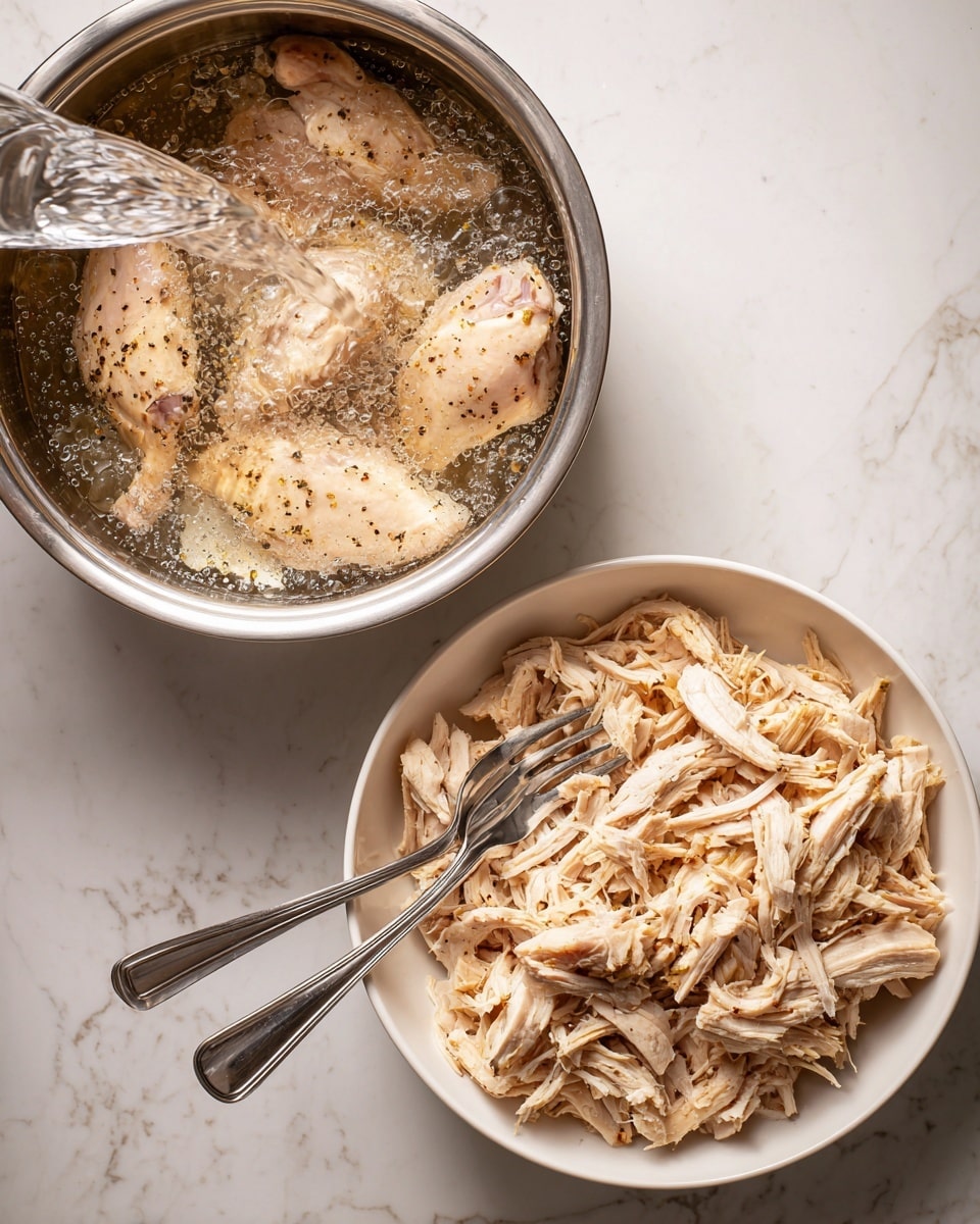 The image shows two steps of preparing shredded chicken. On the left side, four raw chicken pieces are in a metal pot with water being poured over them, with small black pepper specks visible on the chicken. On the right side, shredded cooked chicken fills a white bowl, with two silver forks placed on top of the chicken, resting at angles. The surface beneath the bowl has a white marbled texture. photo taken with an iphone --ar 4:5 --v 7