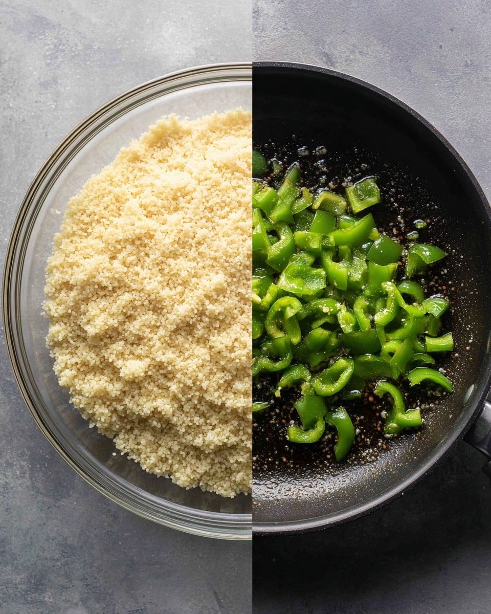 The image shows two side-by-side photos. The left side features a close-up of a clear glass bowl filled with fluffy, light beige couscous grains, which have a soft, granular texture. The right side shows a black frying pan containing small pieces of bright green bell pepper being lightly cooked, with a slight sheen of oil creating spots of shine on the pan's dark surface. Both images have a clear focus on the textures and colors of the food items. Photo taken with an iphone --ar 4:5 --v 7