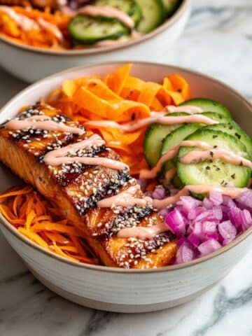 Salmon Bowl with Rice, Avocado, and Spicy Yogurt Drizzle Recipe