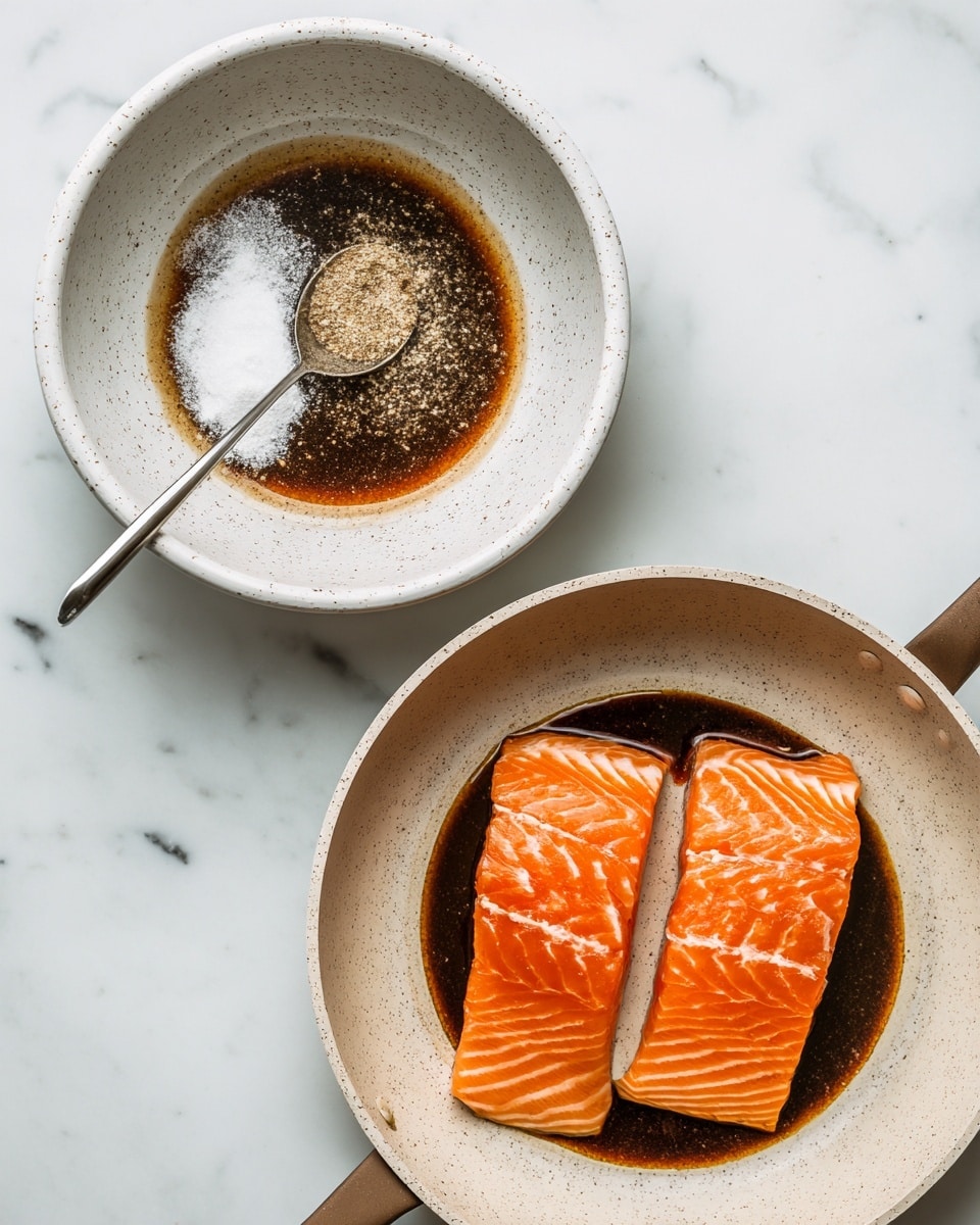 The first image shows a white speckled bowl on a white marbled surface, containing a dark brown liquid with some white and light brown powders on top, and a metal spoon resting inside the bowl. The second image shows two raw salmon fillets, bright orange with white lines running through them, placed side by side in a white speckled pan with a dark brown layer of oil or sauce heated underneath the salmon. Photo taken with an iphone --ar 4:5 --v 7