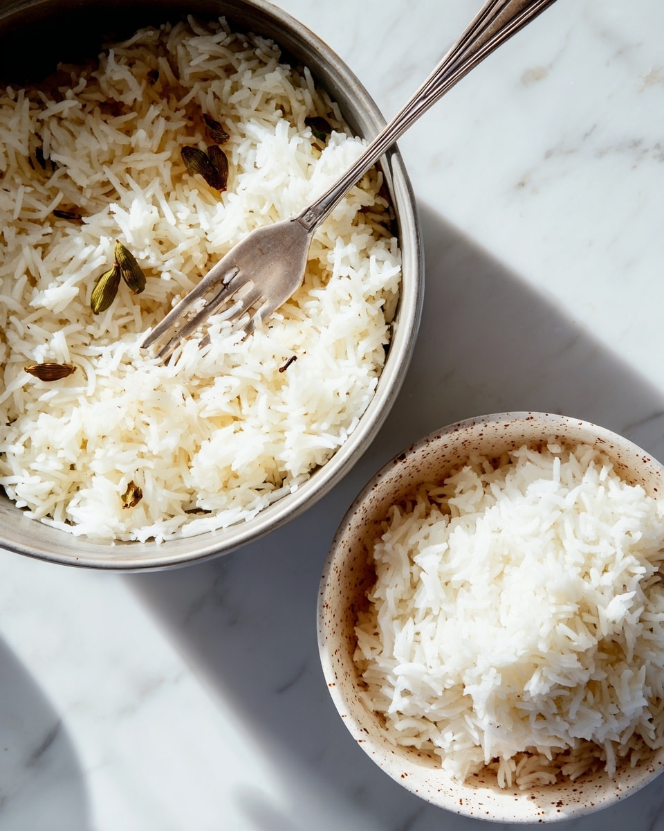 The image shows two parts: on the left, a close-up of a gray cooking pot filled with cooked white rice with some cardamom pods visible in the rice. A silver fork rests diagonally inside the pot on top of the rice. On the right side, a white bowl with brown speckles is filled with fluffy white rice that looks light and separated. Both items are placed on a white marbled surface, creating a clean and simple background. The lighting is natural and bright, highlighting the textures of the rice grains. Photo taken with an iphone --ar 4:5 --v 7