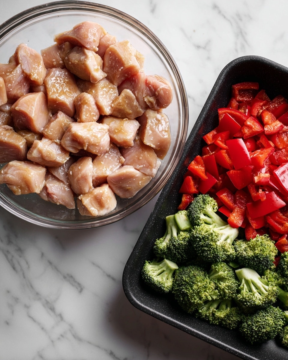 The left side of the image shows a clear glass bowl filled with small pieces of raw chicken meat coated with a light marinade that makes them look shiny and slightly wet, sitting on a white marbled surface. On the right side, a black cooking pan contains raw chicken pieces spread out in the center with chopped bright red bell peppers gathered on the bottom right and fresh green broccoli florets positioned along the top edge. The chicken pieces in both images have a pale pink color with some glossy texture from the marinade. Photo taken with an iphone --ar 4:5 --v 7