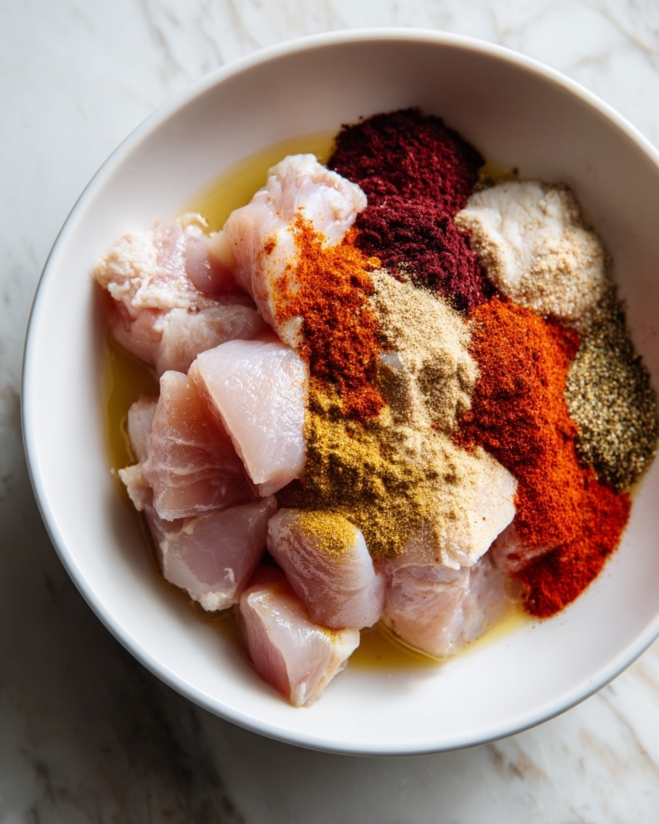 A white bowl filled with chunks of raw light pink chicken on top of a small amount of light yellowish liquid; in the second image, the same bowl and chicken are shown with several colorful spices layered on top of the chicken, including red, orange, brown, black, yellow, and white powders, all unevenly spread over the pieces, the bowl placed on a white marbled surface photo taken with an iphone --ar 4:5 --v 7