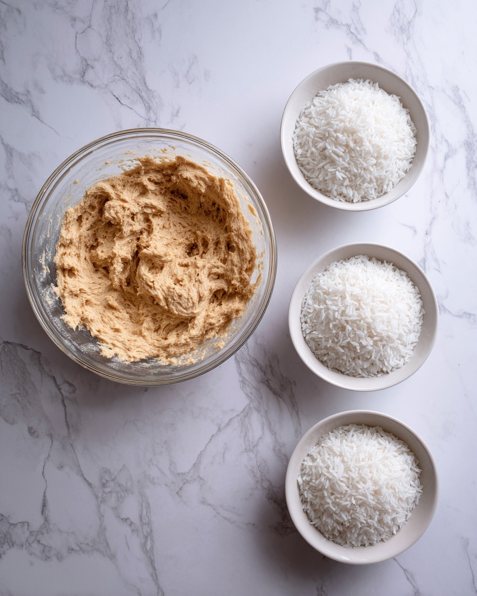 The image shows two parts: on the left, a clear glass bowl filled with a thick, light brown creamy mixture with a rough texture, sitting on a white marbled surface; on the right, four white bowls arranged in a square, each filled with fluffy white rice with visible separate grains, also on a white marbled surface. photo taken with an iphone --ar 4:5 --v 7