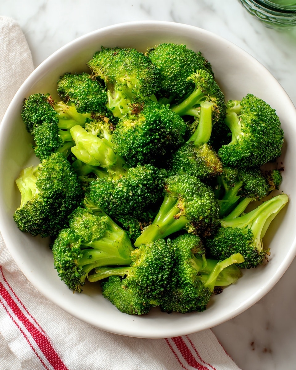 A white bowl filled with bright green broccoli florets, each piece showing a textured top of small buds and a firm, lighter green stem. Some florets have slightly darker, roasted edges, adding contrast. The bowl sits on a white marbled surface with a soft natural light highlighting the freshness and detail of the broccoli. A glimpse of a white cloth with red stripes is at the bottom left corner and part of a green glass is visible in the top right. photo taken with an iphone --ar 4:5 --v 7