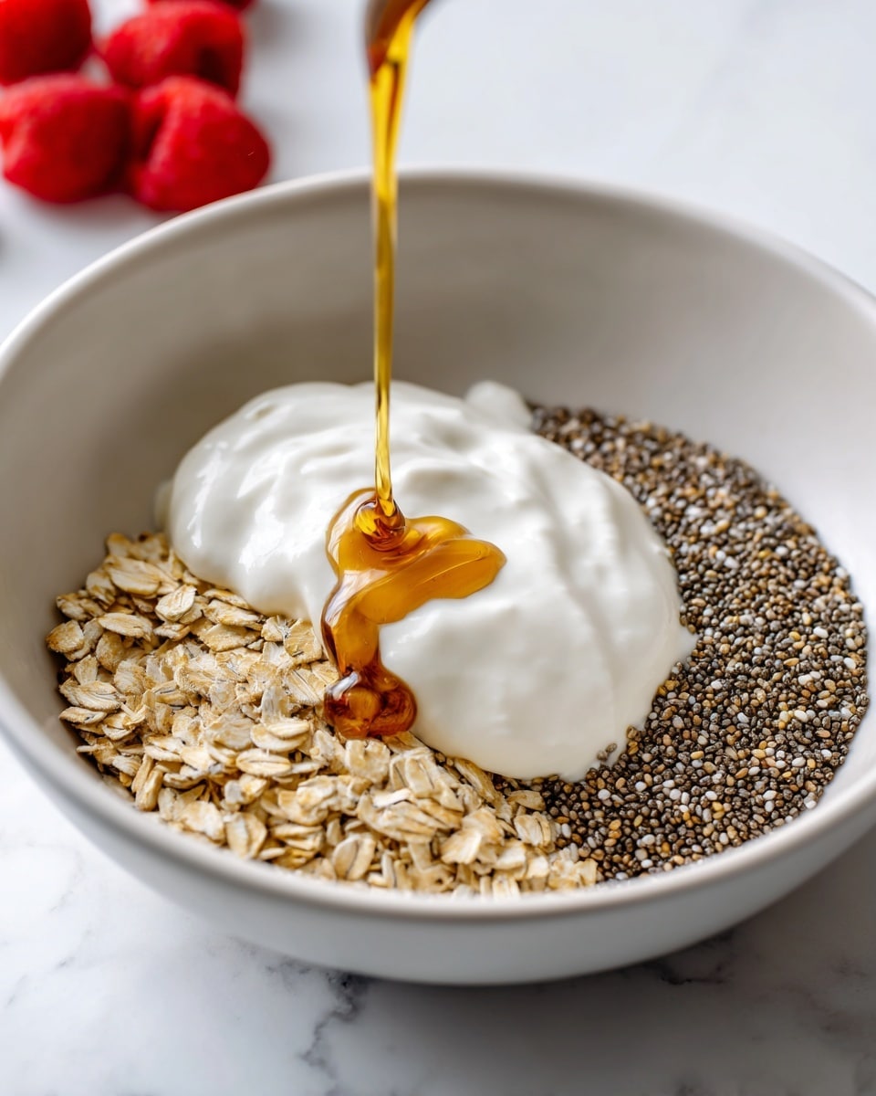 A white bowl on a white marbled surface holds three main layers. The bottom layer is light beige rolled oats, coarse in texture and filling one side of the bowl. Next to it is a dense patch of tiny, dark gray chia seeds creating a rough texture. On top of these two layers is a dollop of thick, white yogurt with subtle vanilla specks, soft and creamy. From above, a dark amber syrup is being poured in a thin stream onto the yogurt, creating shiny, wet patches. In the top left corner, some blurred red raspberries peek into the frame. photo taken with an iphone --ar 4:5 --v 7
