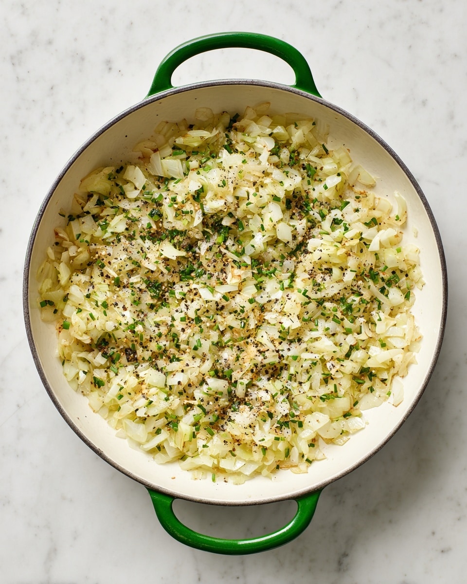 A round pan with white inside and green handles holds a layer of small, cooked onion pieces mixed with herbs and black pepper. The onions are lightly browned, scattered evenly across the bottom of the pan, showing a mix of soft yellow and white colors with specks of green and black seasoning. The pan sits on a white marbled surface, giving a clean and bright background. photo taken with an iphone --ar 4:5 --v 7