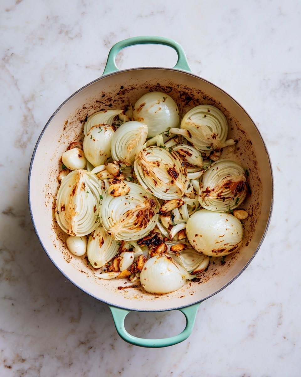 In the image, there is a round pot with two light green handles on a white marbled surface. Inside the pot, there are cooked onion slices and garlic cloves scattered unevenly, mainly around the edges, leaving the center mostly clear. The onions are a mix of translucent white and light brown with some darker browned spots, showing they are cooked. The garlic cloves are whole, lightly browned, and nestled between the onion pieces. The pot's interior is cream-colored with some brown residue from cooking, adding texture and contrast to the dish. photo taken with an iphone --ar 4:5 --v 7