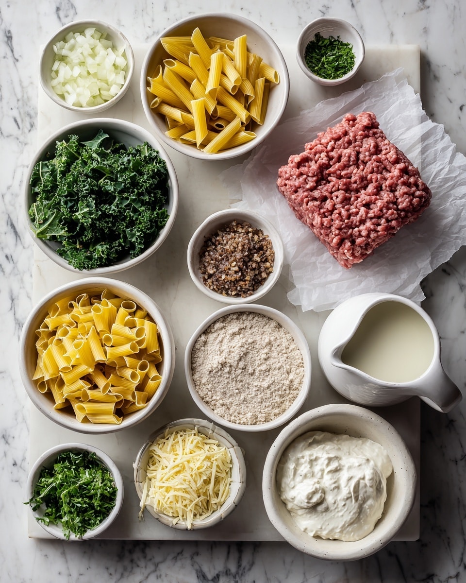 The image shows a white marbled surface with several small white bowls and a white pitcher arranged neatly, each holding different ingredients. On the right side, there is a block of raw ground meat resting on white parchment paper. Surrounding it, clockwise from the top left, are bowls filled with finely chopped onions, fresh chopped kale, yellow tube-shaped pasta, brown sauce, off-white flour, and small white pitcher with milk. There are also bowls containing a beige grainy substance, shredded cheese, and mixed herbs in different shades of green and brown, along with a bowl of smooth white cream cheese or ricotta. All items are arranged in an orderly way, ready for cooking. Photo taken with an iphone --ar 4:5 --v 7