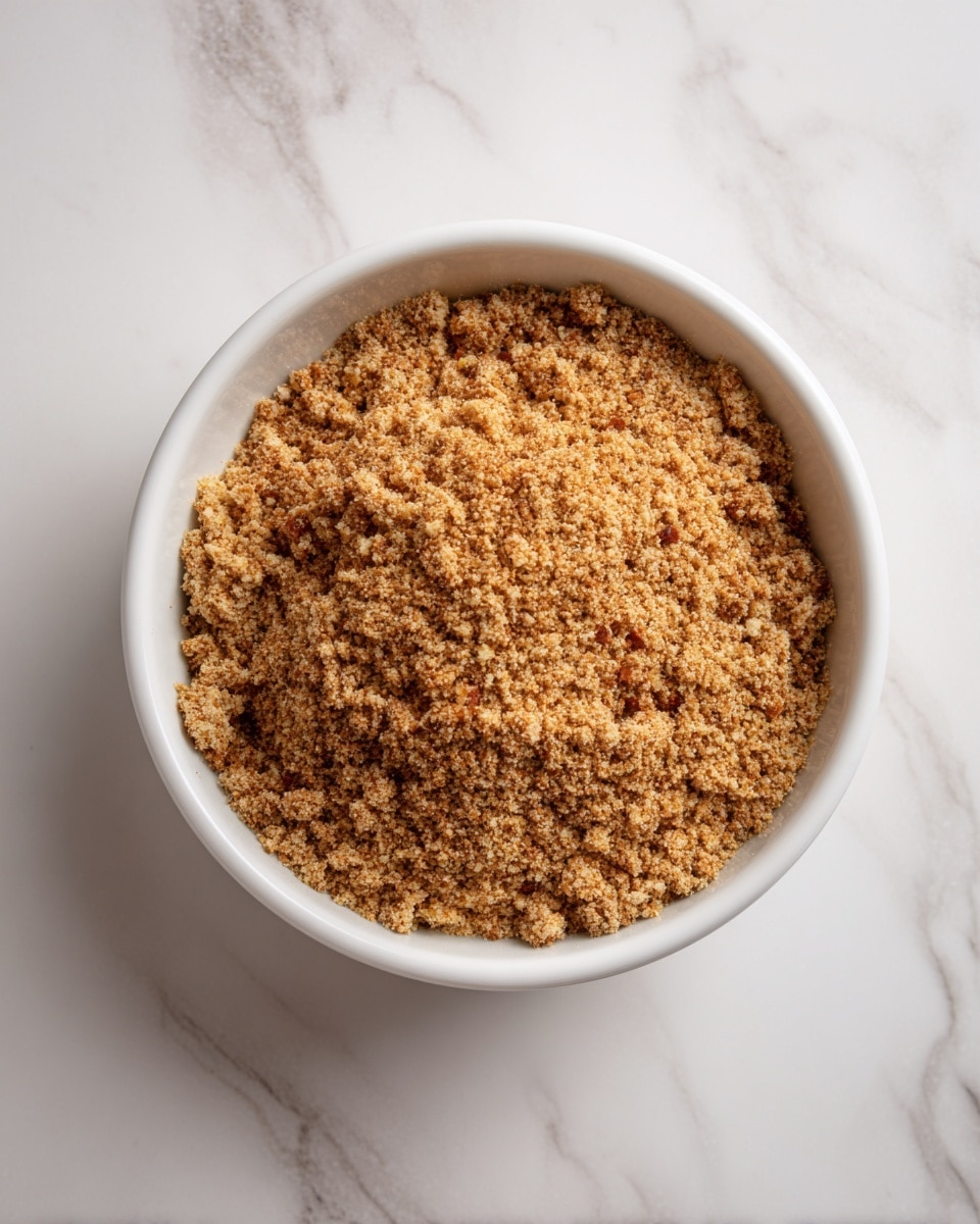 The image shows a white bowl filled with a light brown, coarse mixture that looks like ground meat mixed with spices. The mixture has a slightly chunky texture with small flecks of darker and lighter shades throughout. The bowl is sitting on a white marbled surface. photo taken with an iphone --ar 4:5 --v 7