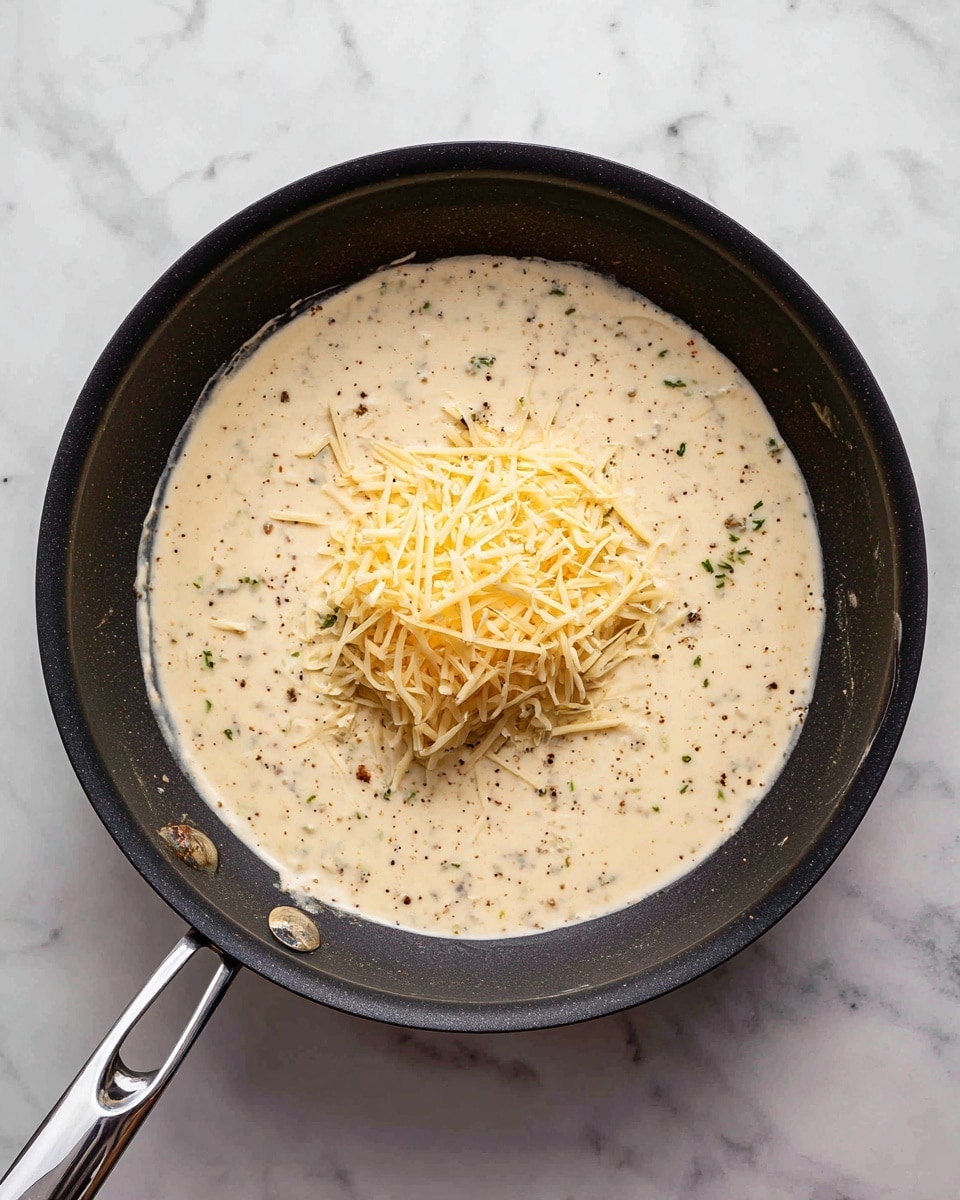 A black frying pan filled with a thick cream sauce that has specks of black pepper and small bits of green herbs or vegetables mixed in. On top of the sauce, in the center, is a small pile of shredded pale yellow cheese. The pan is placed on a white marbled surface with subtle gray veins. The handle of the pan extends to the left side. photo taken with an iphone --ar 4:5 --v 7