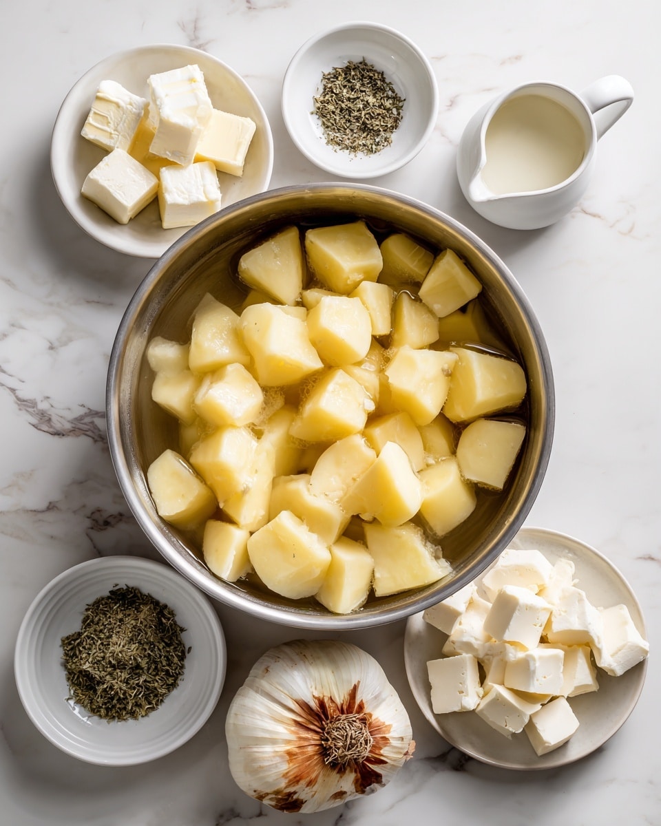 A large metal bowl filled with water and many peeled, chunky pieces of yellow potatoes sits on a white marbled surface. Around it are six white bowls of different sizes, each holding an ingredient: one has small cubes of white cheese, another has small cubes of butter, a third contains white cream in a small pitcher, the fourth has a small pile of green dried herbs on a flat dish, another holds a whole roasted garlic head and a roasted piece of onion on a small plate, and the last one has cubed white cheese. The scene is bright and clean, focusing on the ingredients before cooking. photo taken with an iphone --ar 4:5 --v 7