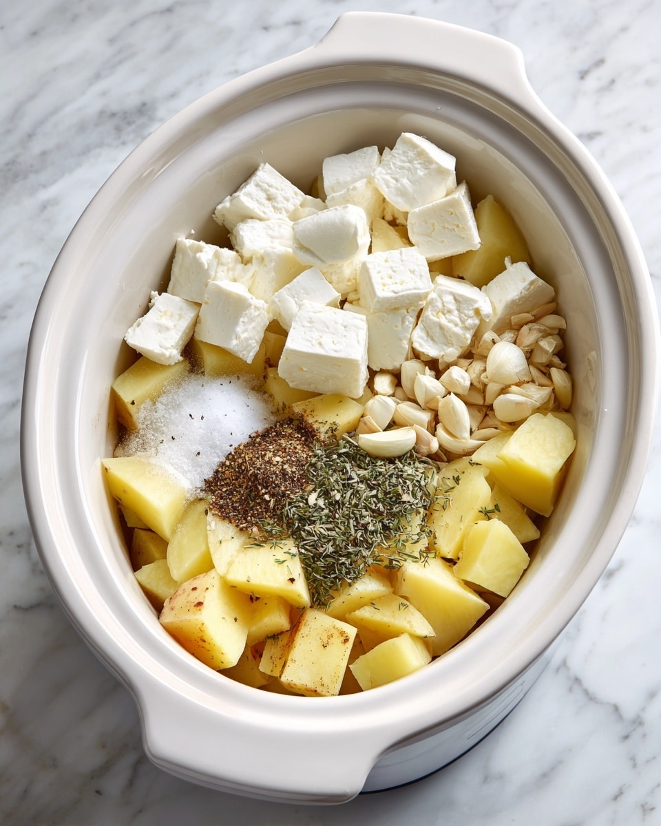 Inside a white slow cooker, there's a mix of chopped yellow potatoes forming the base layer. On top of these potatoes, there are chunks of white cream cheese stacked slightly to one side. Nearby, small pieces of light brown chopped garlic are grouped together. In the center, a cluster of black pepper and greenish dried herbs is sprinkled next to a small pile of white salt. The inner sides of the slow cooker have some brown marks from cooking. This setup rests on a white marbled surface. photo taken with an iphone --ar 4:5 --v 7