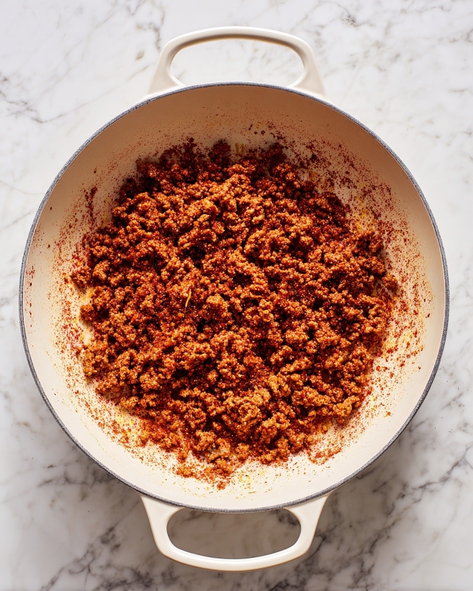 A white pan with two handles holds one layer of cooked ground meat seasoned with reddish-brown spices. The meat is finely broken into small pieces, spread evenly across the bottom of the pan, with some of the spice mixture spread along the sides of the pan. The pan is placed on a surface with a white marbled texture. photo taken with an iphone --ar 4:5 --v 7