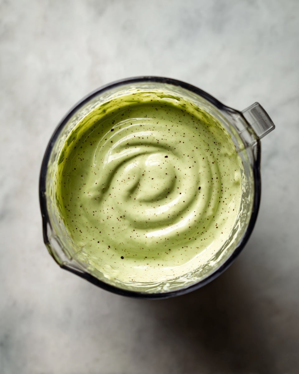 A top view of a blender jar filled with a smooth, thick sauce that is light green with tiny dark specks, showing the creamy texture filling most of the jar. The blender is placed on a white marbled surface, with the clear sides of the jar displaying the sauce evenly coated inside. Photo taken with an iphone --ar 4:5 --v 7