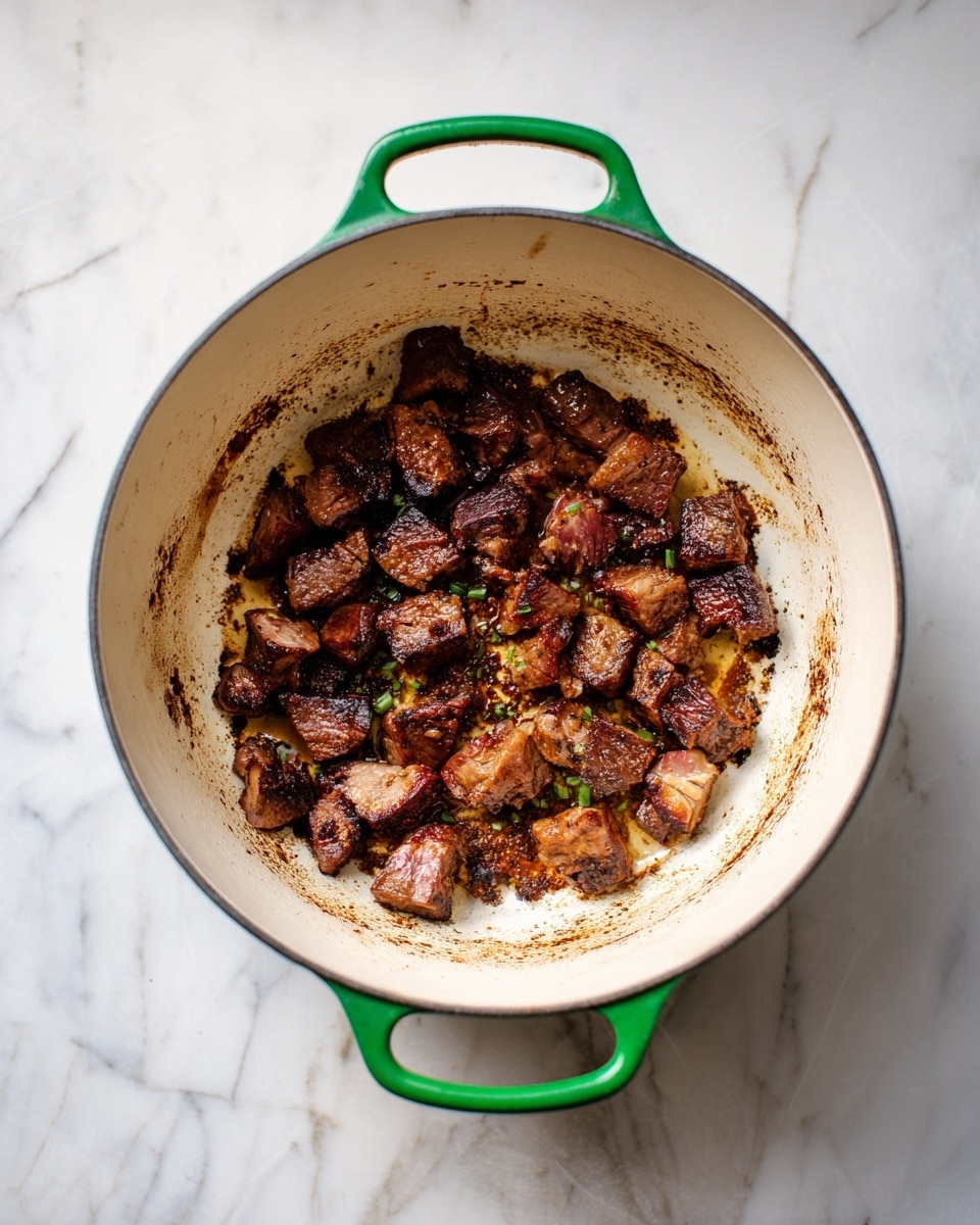 Inside a large round pot with two green handles, there are many small pieces of browned meat scattered unevenly across a white inner surface. The meat pieces are a mix of dark brown with some lighter brown and hints of pink, showing a cooked texture with some charred bits. Dark brown burnt bits and oil stains are spread unevenly on the white pot base around the meat, creating a rough, textured look. The pot sits on a white marbled surface with soft grey veins. photo taken with an iphone --ar 4:5 --v 7