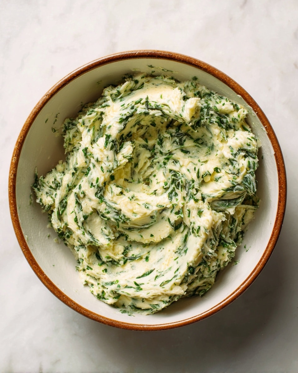 A white bowl with a brown rim holds a creamy mix of butter and finely chopped green herbs. The mixture is soft with visible streaks and small clumps, showing a swirled texture of green and white colors evenly spread throughout. The bowl is on a white marbled surface. photo taken with an iphone --ar 4:5 --v 7