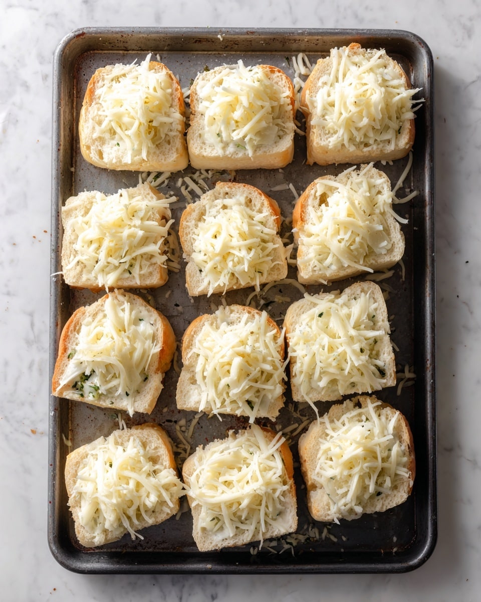 There is a baking tray holding 14 small pieces of bread. Each piece has two layers: the bottom layer is a green and white creamy spread, and the top layer is white shredded cheese covering the spread. The bread pieces are arranged in three rows, some closer and some with space between them. The baking tray is on a white marbled surface. photo taken with an iphone --ar 4:5 --v 7