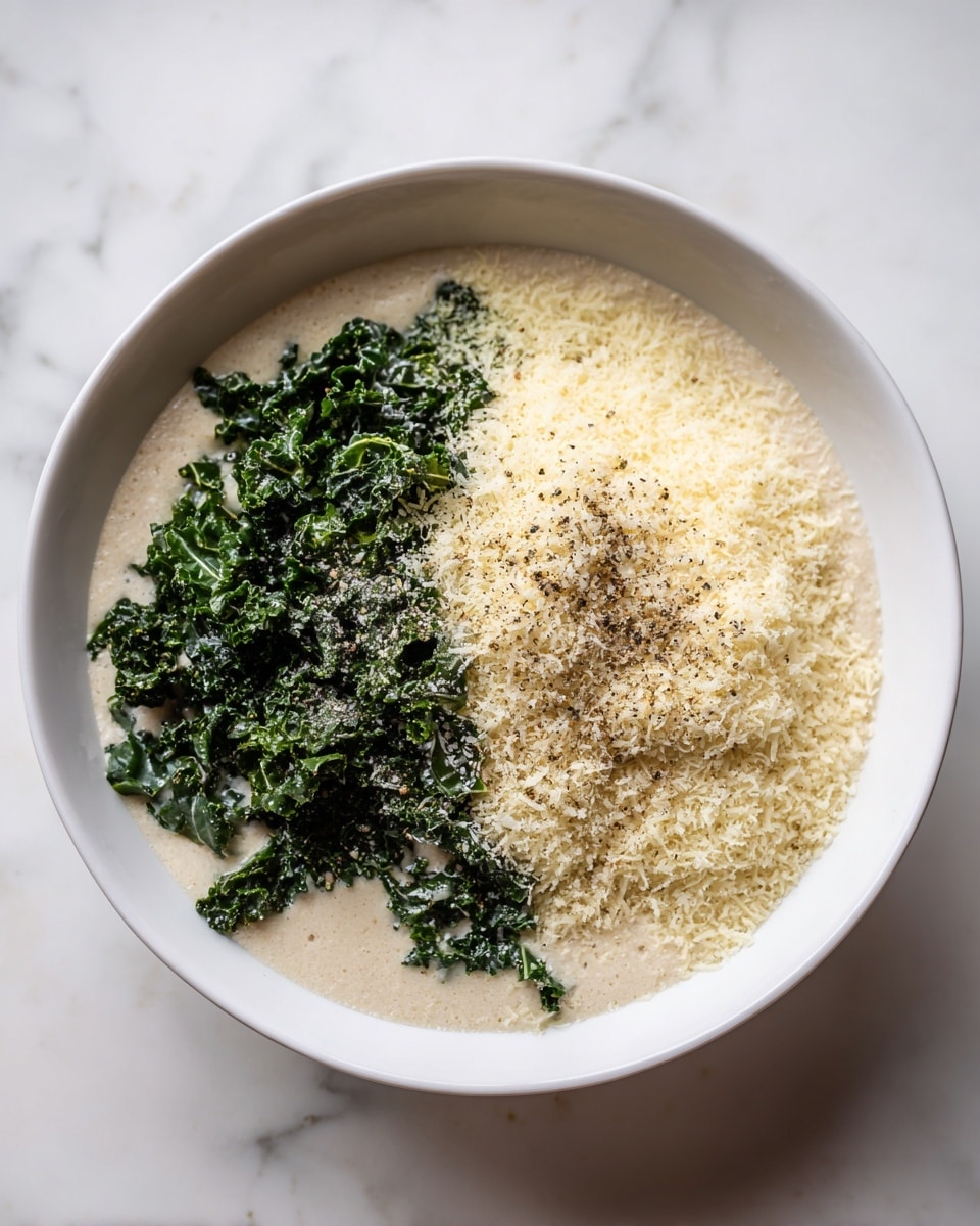 A white bowl holds a layered mixture with three distinct sections visible on top. On the left is a mound of finely chopped dark green kale, showing a fresh, slightly shiny texture. Next to it on the right is a heap of finely grated pale yellow cheese, with small black specks of ground pepper sprinkled over its surface. These ingredients sit on a creamy, light beige base that coats the inside of the bowl. The bowl is placed on a white marbled surface. Photo taken with an iphone --ar 4:5 --v 7