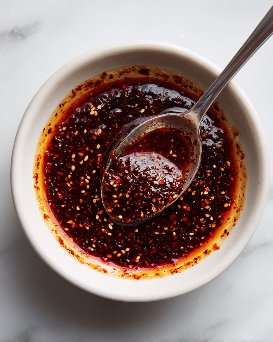 A white bowl sits on a white marbled surface, filled with a dark reddish-brown sauce mixed with fine spices. The sauce has a slightly oily texture with visible specks of red chili flakes and ground spices, giving it a rich, textured look. A silver spoon rests inside the bowl, coated with the sauce and positioned toward the bottom right. The edges of the bowl show reddish streaks where the sauce has touched, creating a natural, uneven border. The lighting highlights the glossy surface of the sauce, making it appear thick and flavorful. photo taken with an iphone --ar 4:5 --v 7