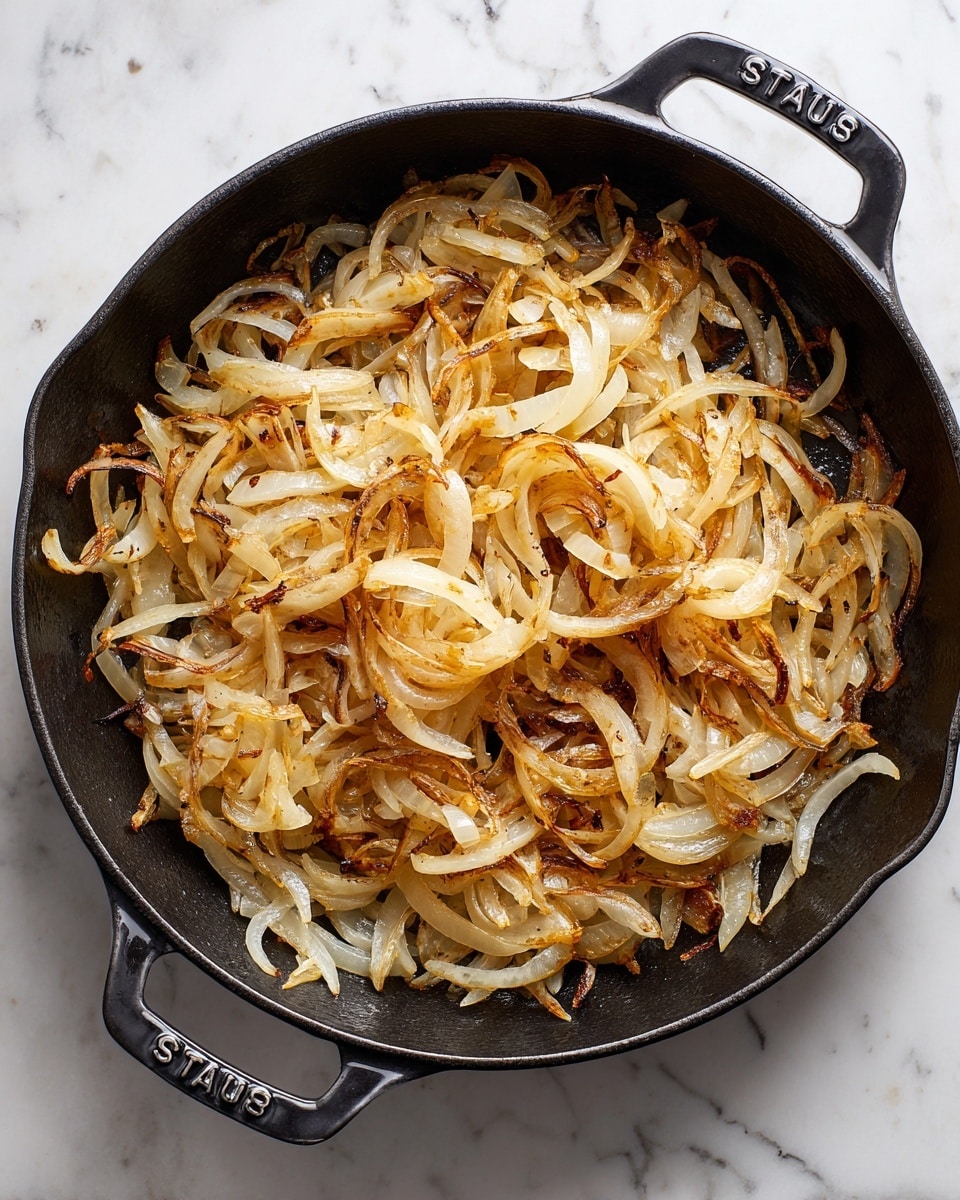 A black cast iron pan filled with cooked onion slices sits on a white marbled surface. The onions are light brown and golden, showing slight caramelization, with some parts darker and crispier. The pan is round with a handle on one side and a smaller side handle visible, featuring the brand name