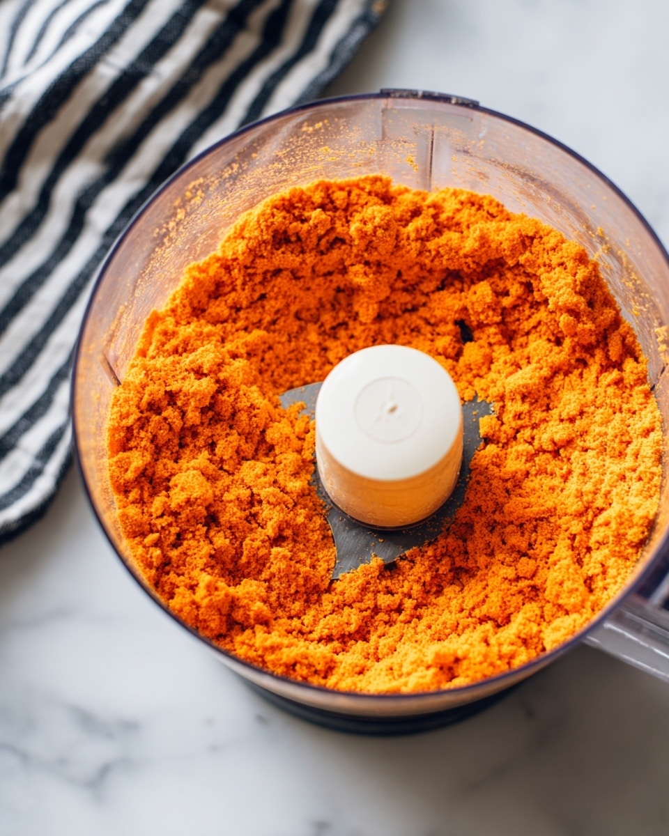 A clear food processor bowl filled with a single even layer of fine, bright orange powder. The powder texture looks dry and crumbly, resting flat around the white central blade piece. The bowl is placed on a white marbled surface, with a black and white striped cloth partially visible in the background. The lighting highlights the texture evenly, with no other ingredients or layers visible. photo taken with an iphone --ar 4:5 --v 7