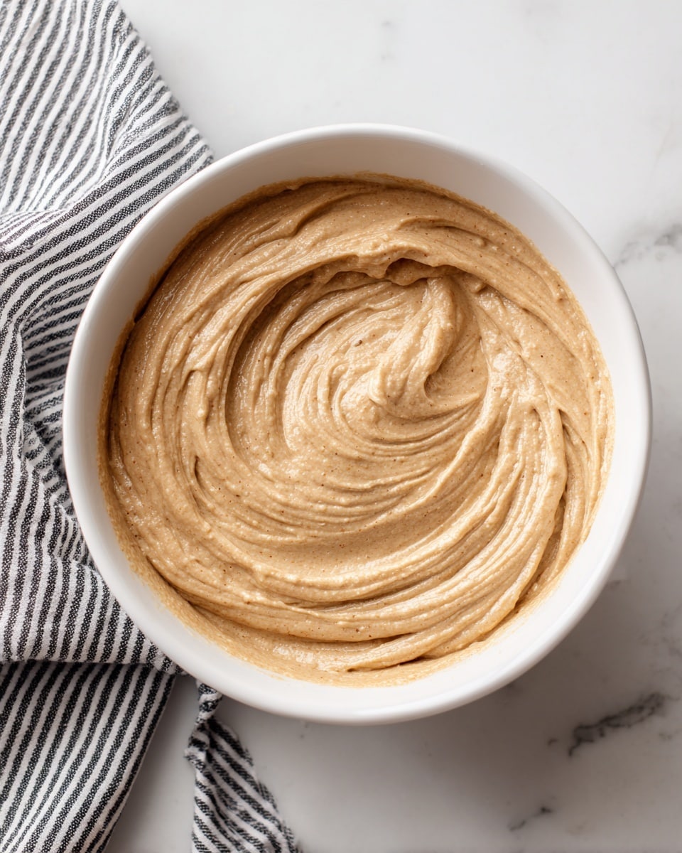 A white bowl filled with creamy, thick batter that is light brown in color, showing smooth and swirled texture with some ridges where it has been mixed. The bowl is on a white marbled surface with a black and white striped cloth partially visible on the left side. The batter looks dense and rich, with a slight shine on top, indicating moisture. photo taken with an iphone --ar 4:5 --v 7