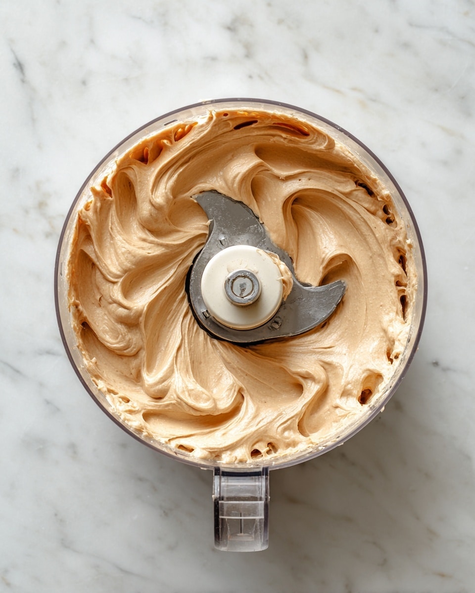 A food processor bowl is shown from above with a smooth, creamy mixture inside. The mixture is light brown with a soft, whipped texture, evenly spread along the sides of the clear bowl. The stainless steel blade is in the center, slightly shiny but partly covered by the mixture. The whole scene is set on a white marbled surface. photo taken with an iphone --ar 4:5 --v 7