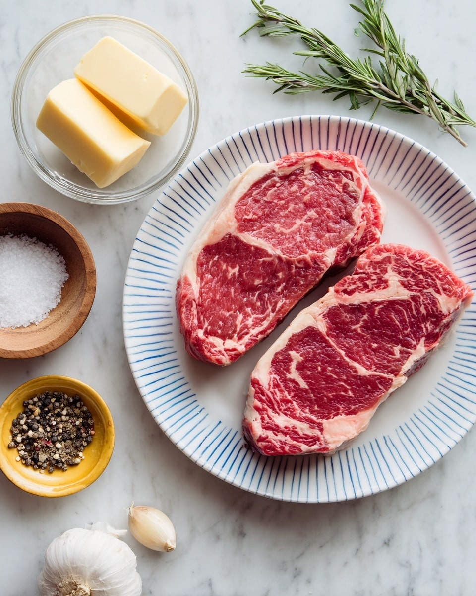 Two raw red steaks with white marbling sit on a white plate with blue stripes around the edge, placed on a white marbled surface. Around the plate are small bowls and items: a glass bowl with two pale yellow butter pieces, a wooden bowl of white salt, a yellow bowl of black pepper, two garlic cloves, and a few green rosemary sprigs. The textures of the steak are smooth and slightly shiny, and the colors are bright and fresh. Photo taken with an iphone --ar 4:5 --v 7