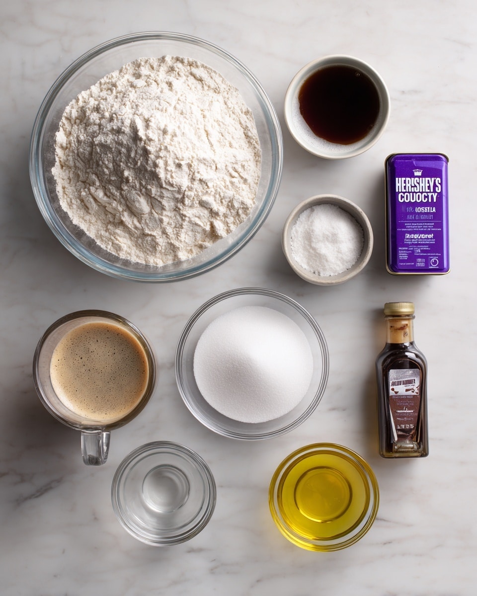 The image shows several baking ingredients arranged neatly on a white marbled surface. There is a large clear glass bowl filled with white flour in the top left corner. To the right, a purple tin of Hershey's cocoa powder is placed next to two small bowls, one with salt and the other with white sugar. Below the flour bowl, there is a clear glass bowl filled with white granulated sugar. To the bottom left, a liquid measuring cup contains coffee with foam on top, and next to it, a bottle labeled vanilla extract. In the bottom center, a clear glass measuring cup is filled with yellow oil. A small empty glass bowl sits between the sugar bowl and the measuring cup with oil. photo taken with an iphone --ar 4:5 --v 7