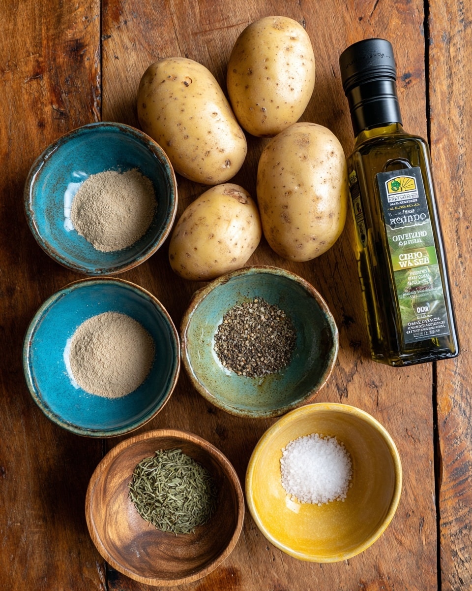 The image shows four whole potatoes placed on a wooden surface along with five small bowls and a bottle of extra virgin olive oil. Each small bowl contains a different seasoning: one with a beige powder, one with black pepper, one with dried green herbs, and one with salt. The bowls are colorful with shades of blue, green, and yellow, and one is wooden. The bottle of olive oil is dark green with a green and white label. photo taken with an iphone --ar 4:5 --v 7
